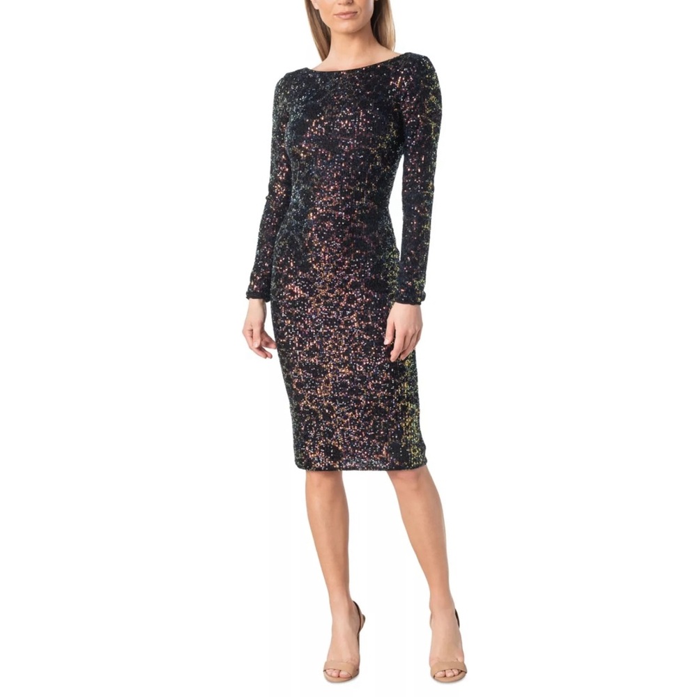 DRESS THE POPULATION Womens Black Scoop Back Lined Slit Long Sleeve Dres…L